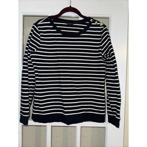 Lands' End Women’s M Navy Blue White Striped Top Long Sleeve Nautical Button